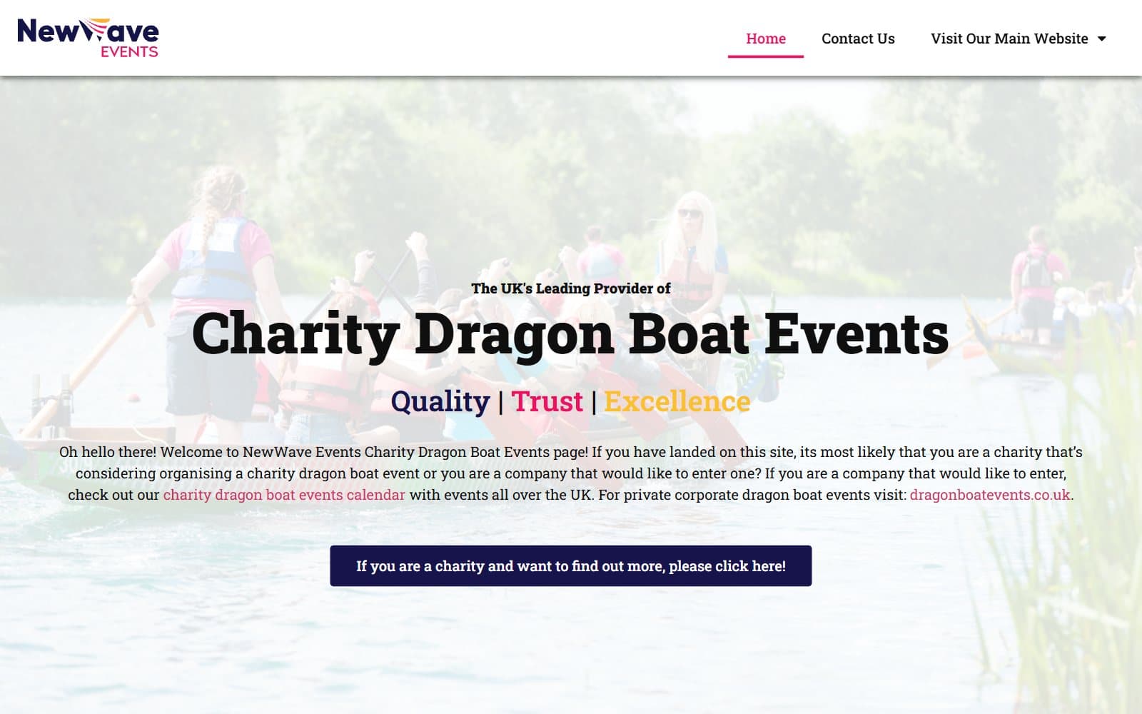 The Charity Dragon Boat Events homepage over a photo of a crew racing on a river