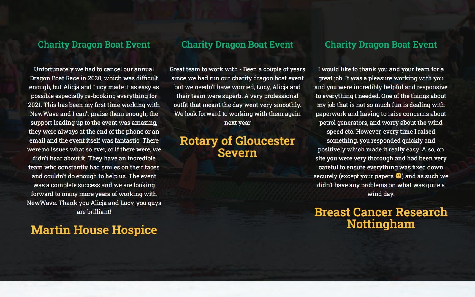 Charity Dragon Boat Events homepage section about the racing format and package
