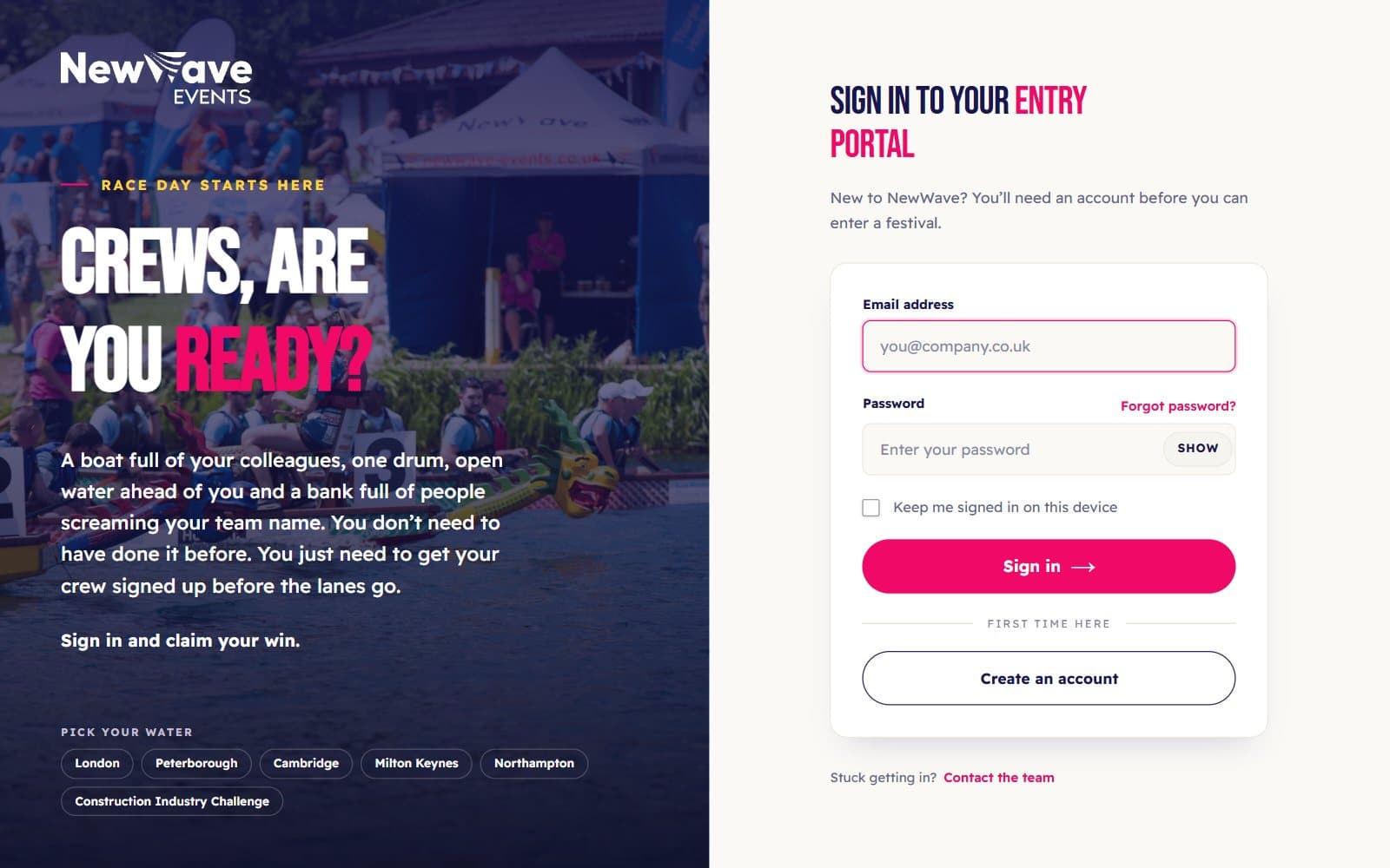 The festival entry portal sign-in page: Crews, are you ready? beside the sign-in form, with a choice of festivals