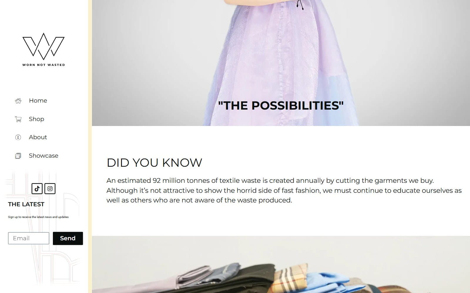 Worn Not Wasted homepage section explaining zero-waste pattern making