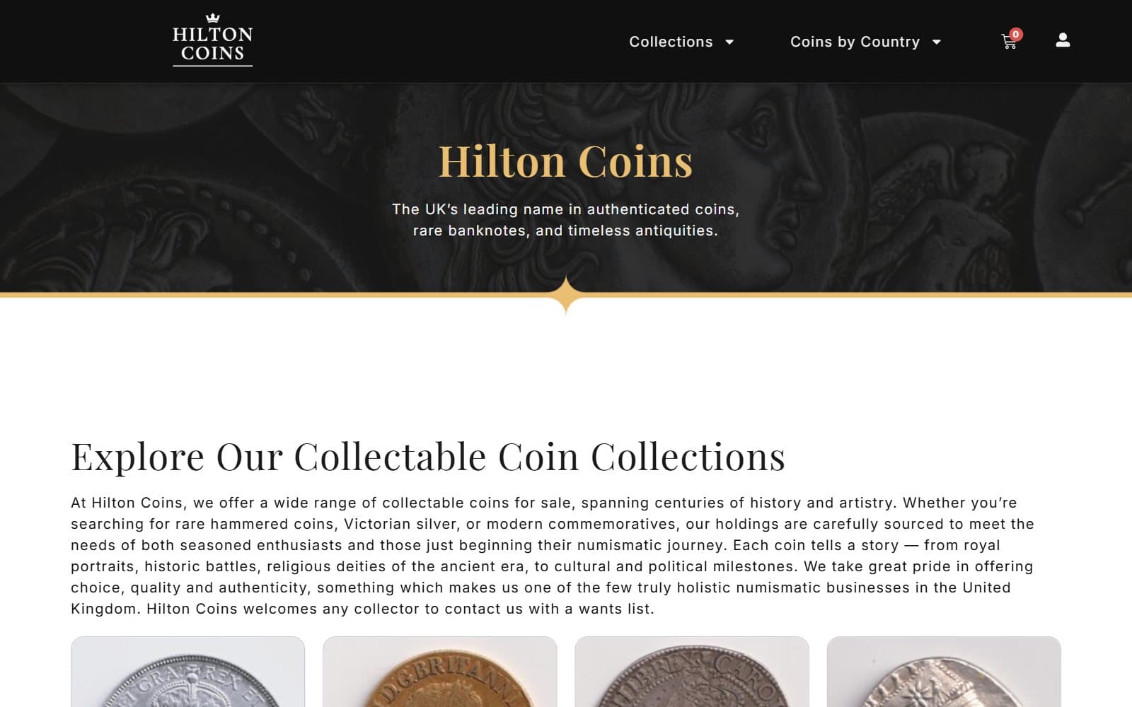 The Hilton Coins homepage, with a dark coin-relief banner and the heading Explore Our Collectable Coin Collections