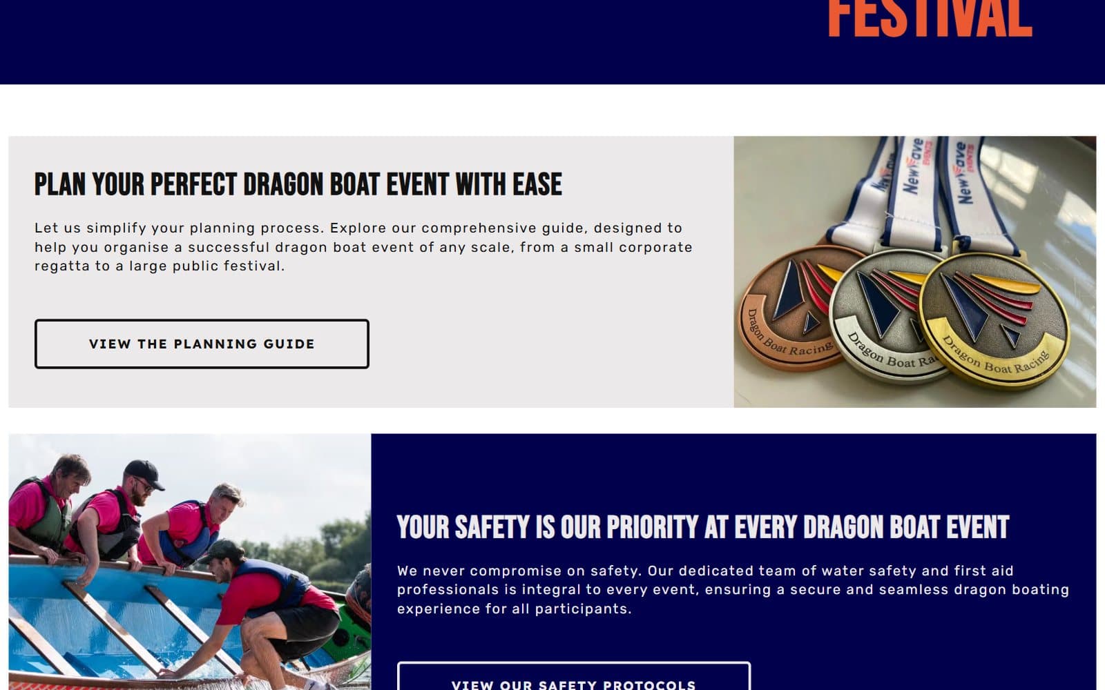 A section of the Dragon Boat Events homepage further down the page
