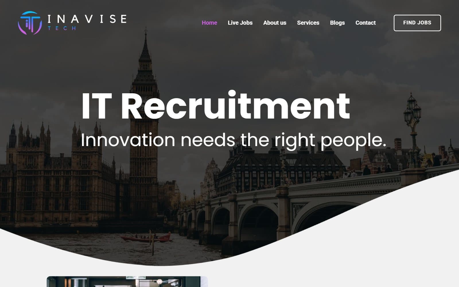 The Inavise Tech homepage with the headline IT Recruitment, Innovation needs the right people, over a view of Westminster