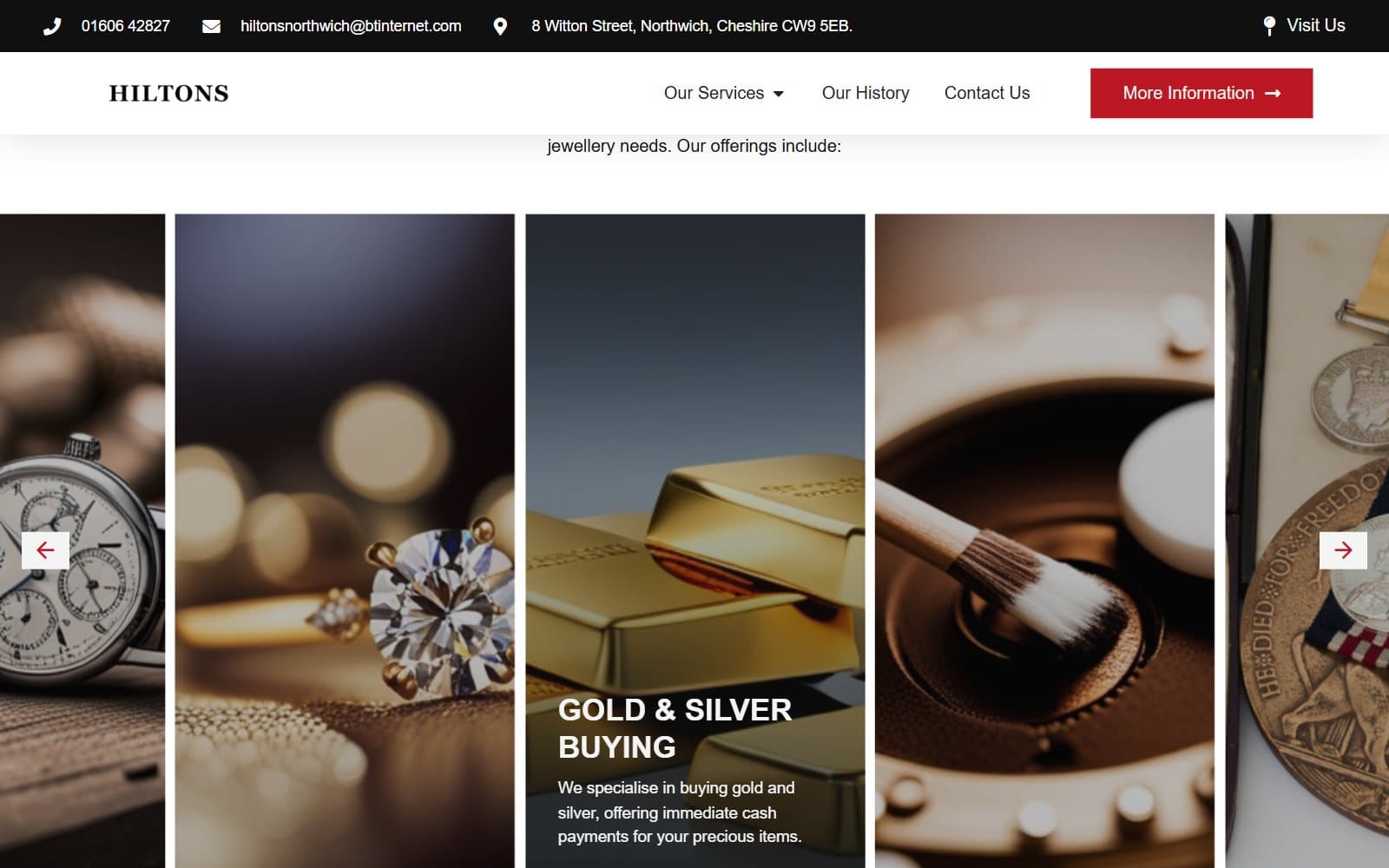A section of the Hilton Jewellers homepage introducing its services