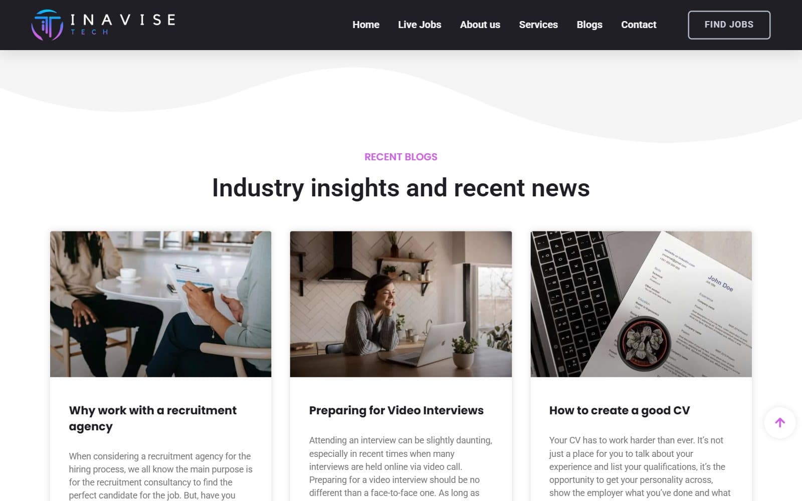 Inavise Tech homepage section with insights and current roles