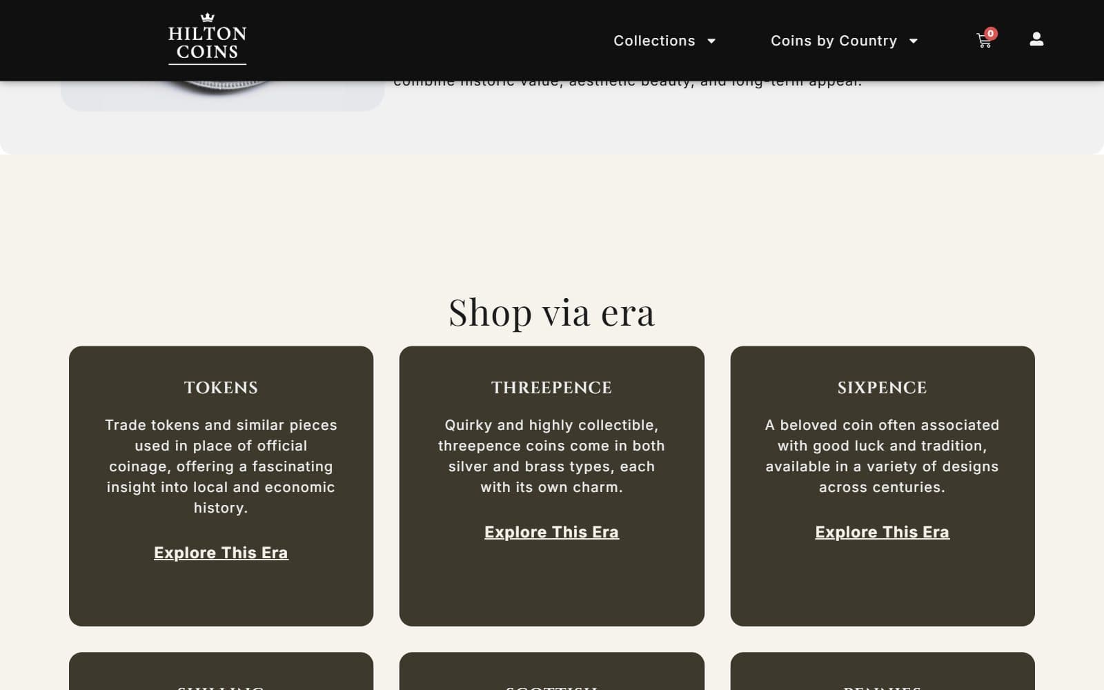Hilton Coins homepage section showing featured coins for sale