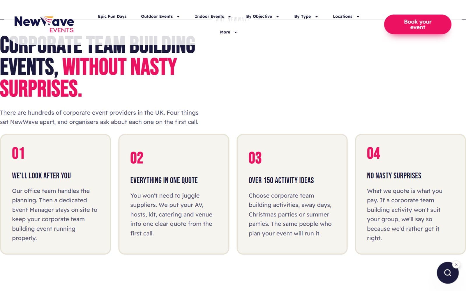 Another section of the NewWave Events homepage