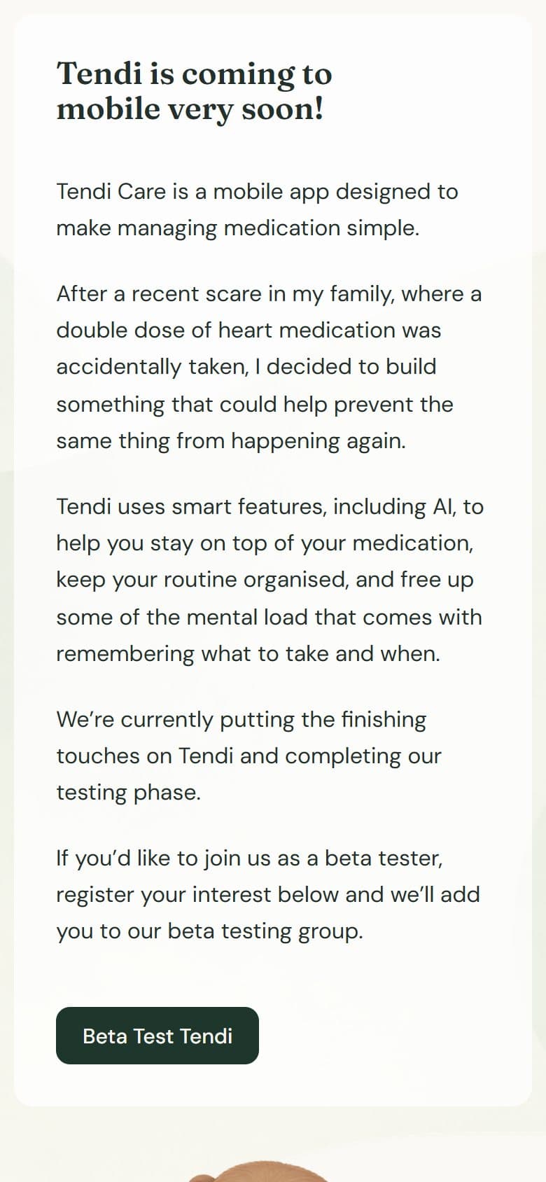 The Tendi website on a phone, inviting people to join the beta