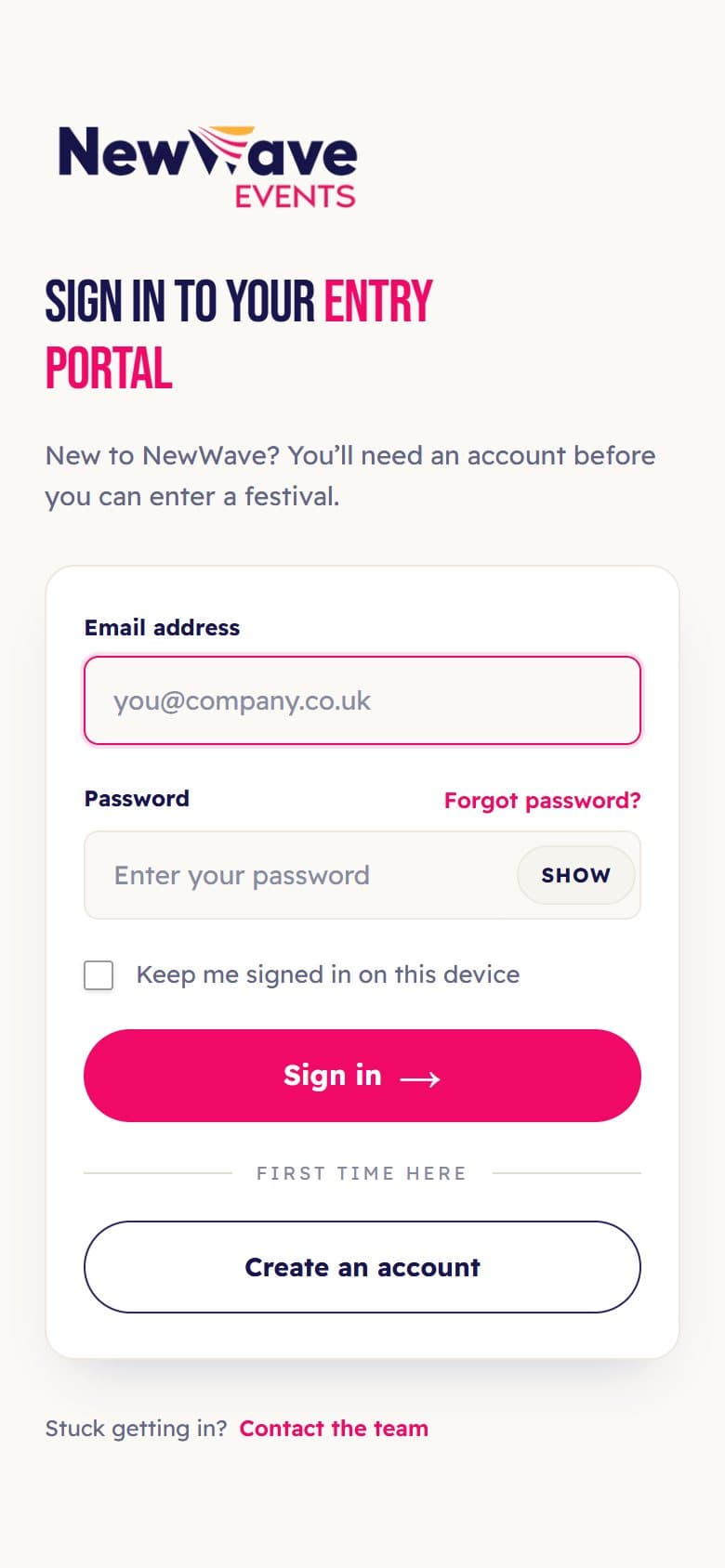 The festival entry portal sign-in page on a phone