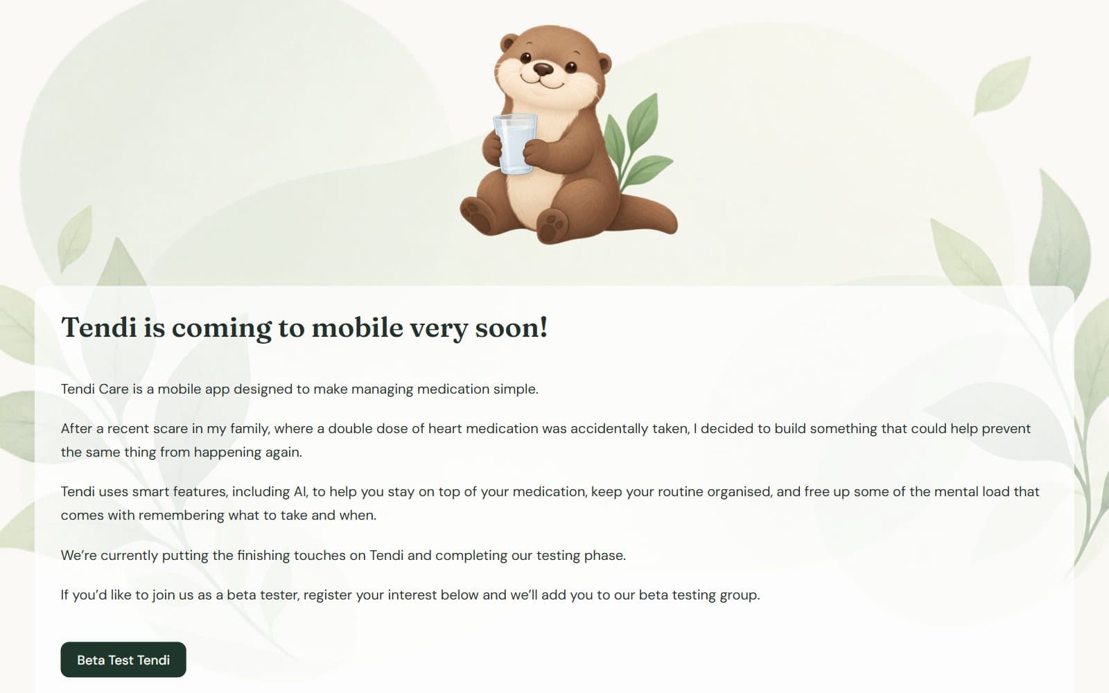 The Tendi website with its otter mascot holding a glass of water, announcing that Tendi is coming to mobile soon
