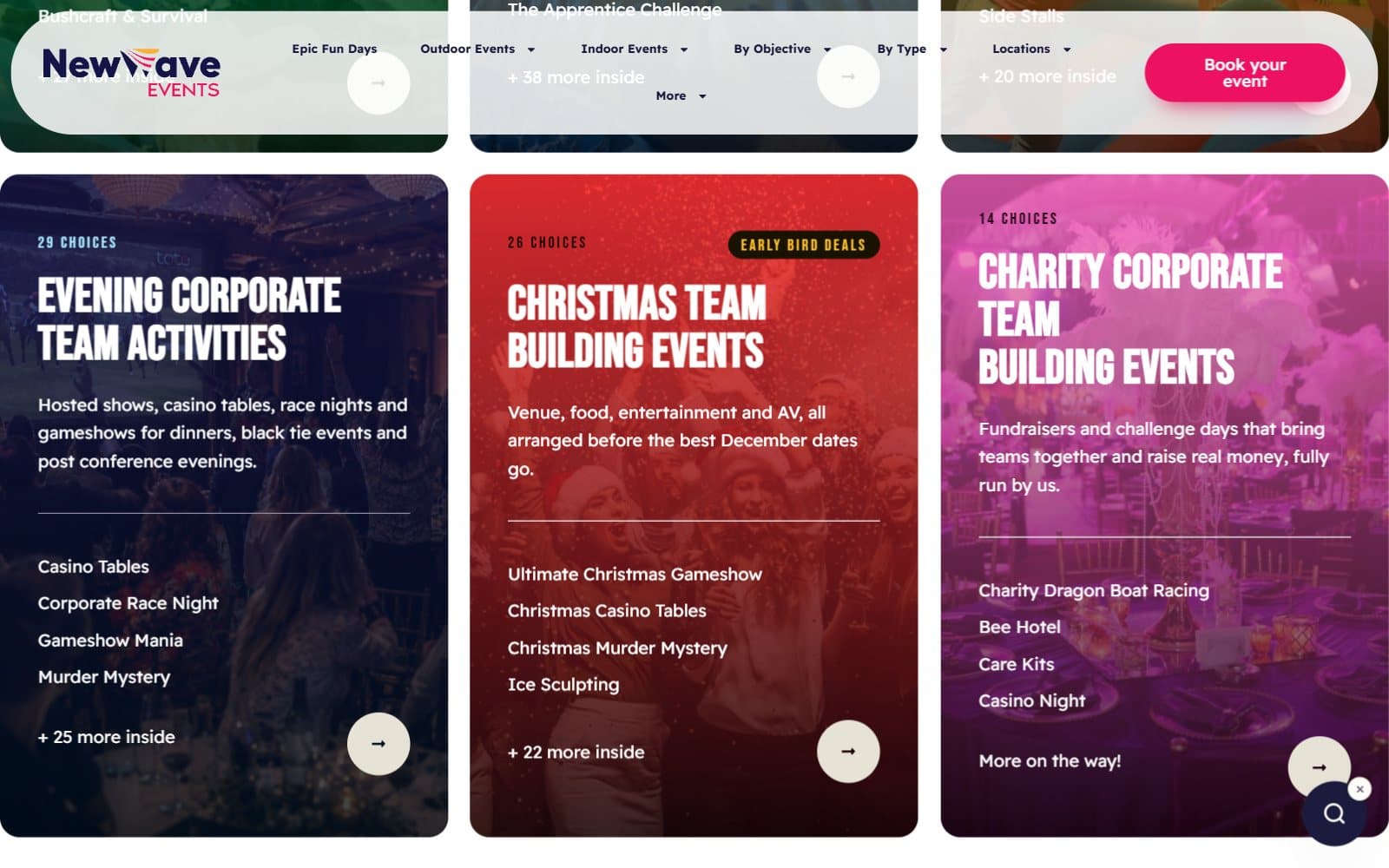 A section of the NewWave Events homepage showing popular events