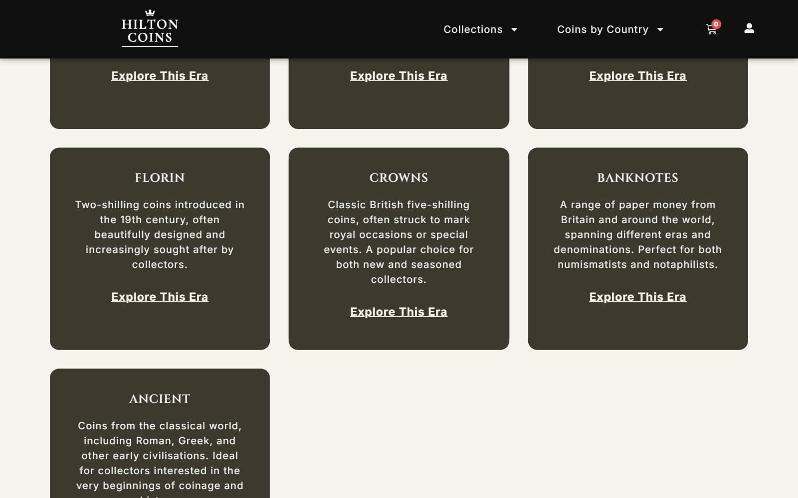 Hilton Coins homepage section for shopping by era