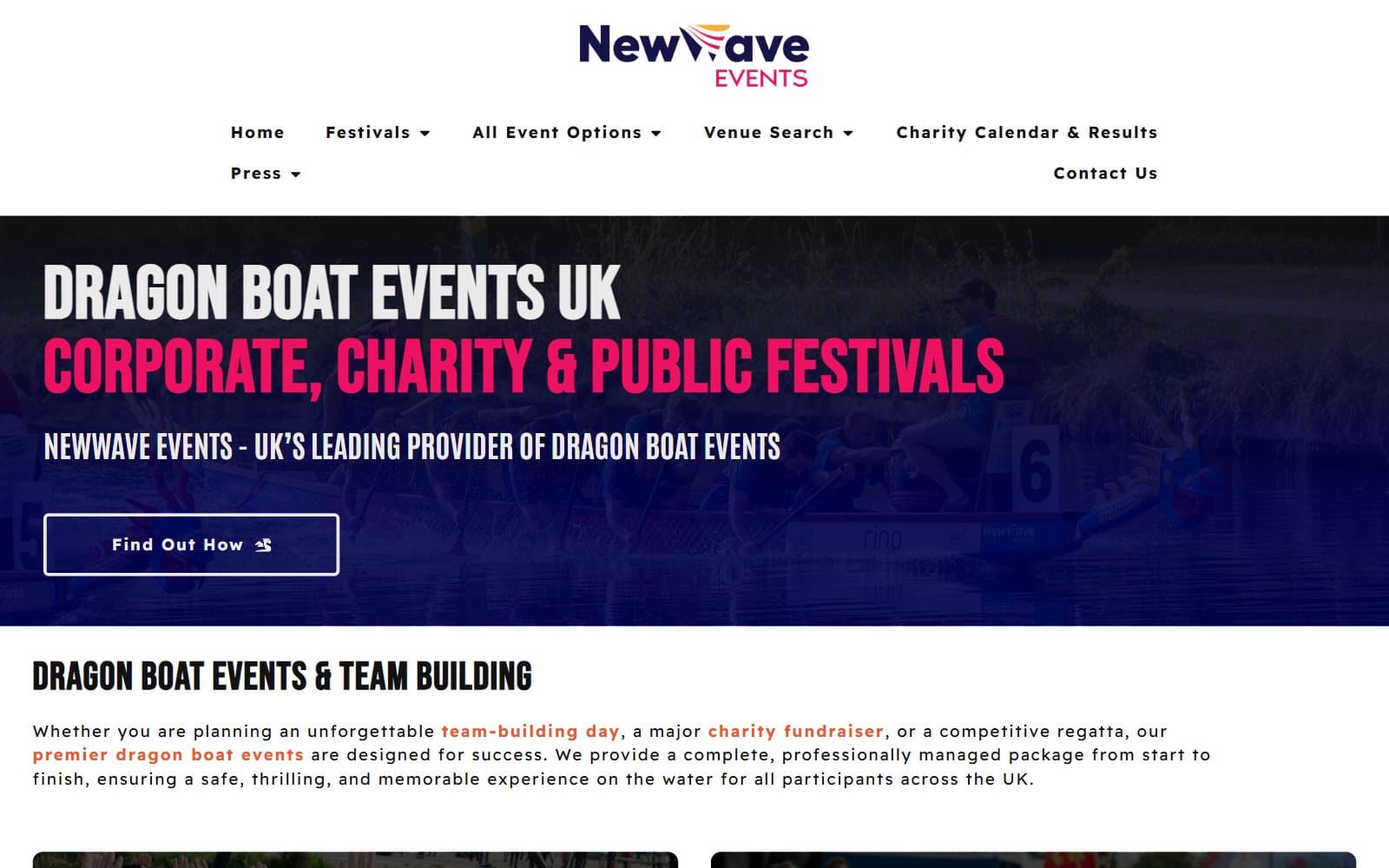 The Dragon Boat Events homepage, introducing corporate, charity and public dragon boat festivals