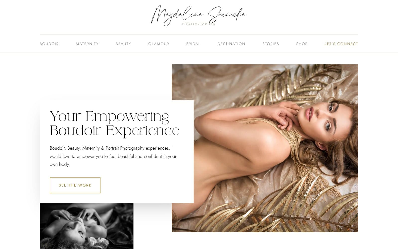 The new Magdalena Sienicka homepage, with the heading Your Empowering Boudoir Experience beside a portrait
