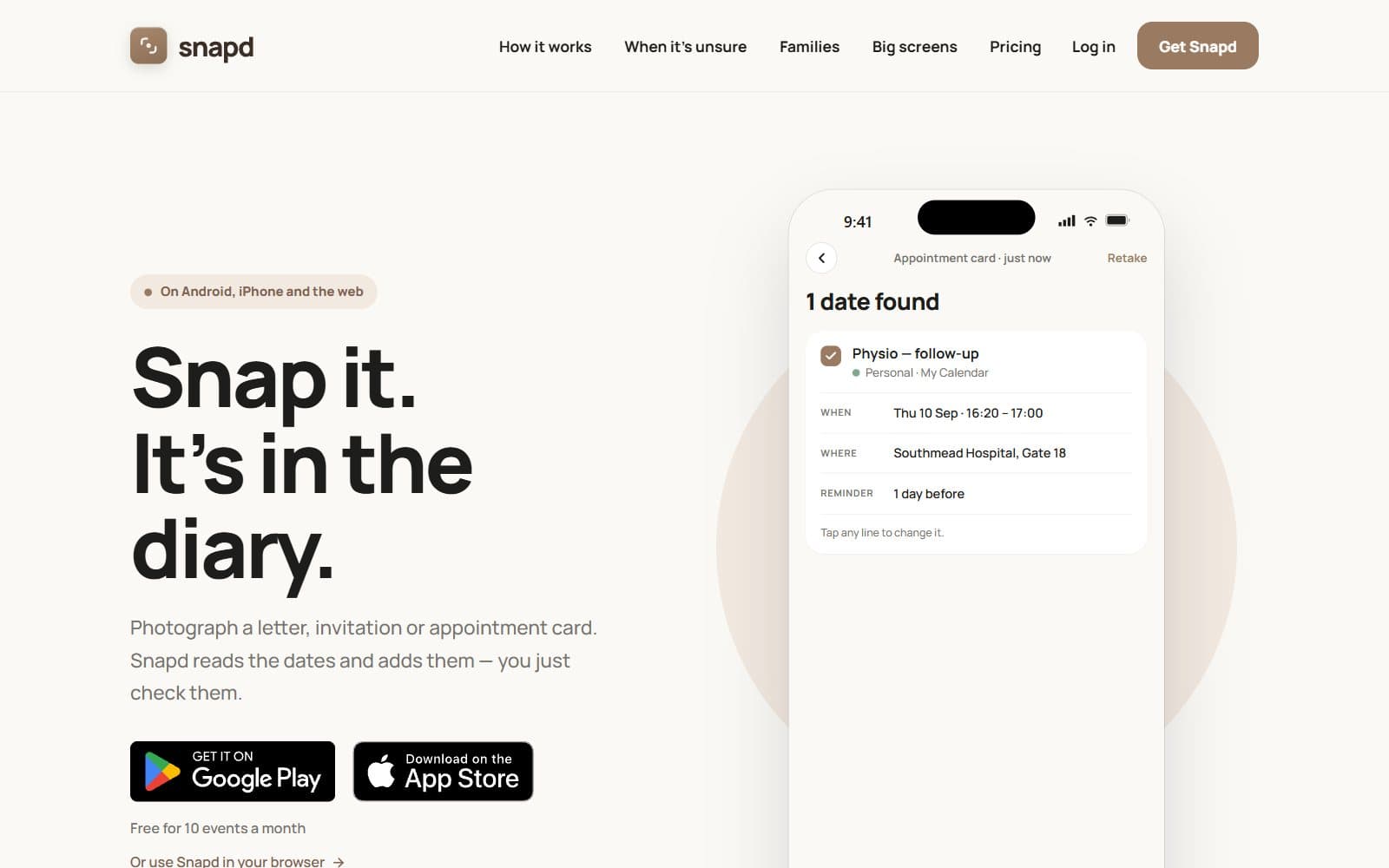 The Snapd website: Snap it. It's in the diary, beside a phone showing a date found on an appointment card