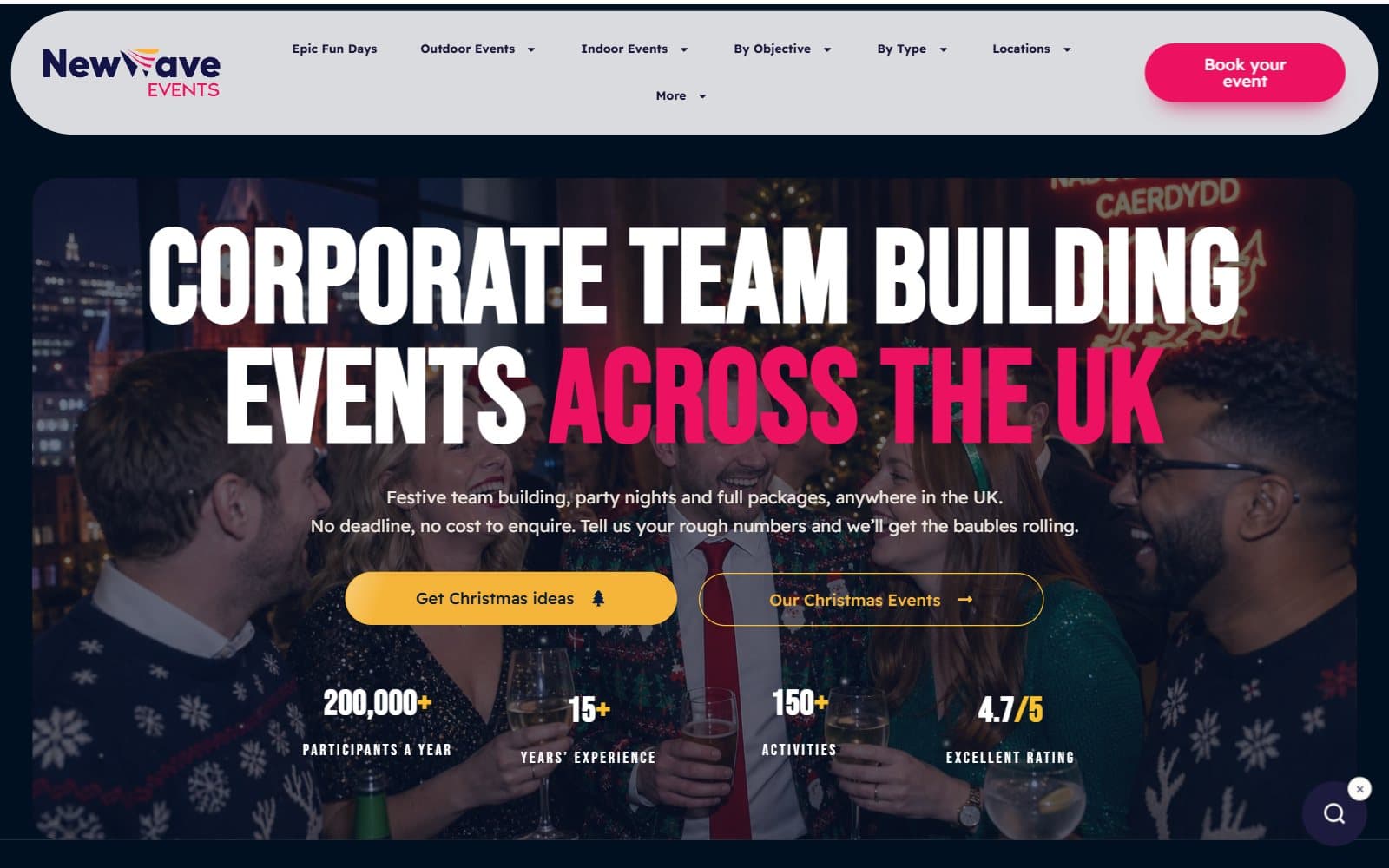 The NewWave Events homepage with the headline Corporate team building events across the UK